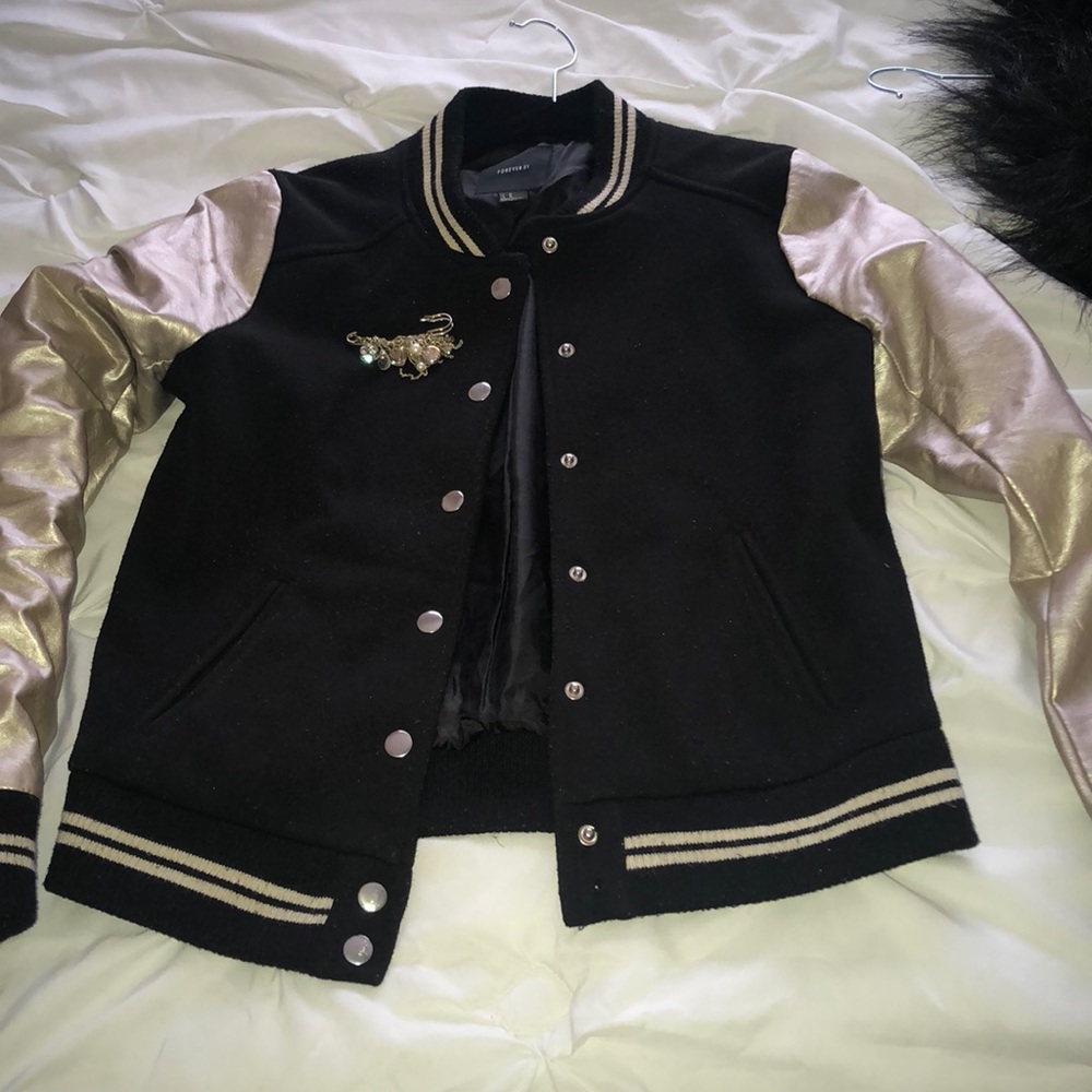 Black Varsity Jacket with Metallic Sleeves & Pin